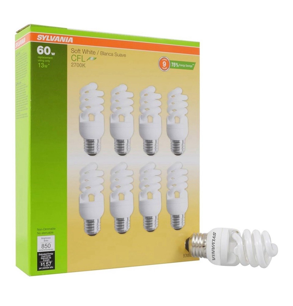 Sylvania CFL T2 Twist Light Bulbs 8 Pack, Medium Base, 2700K, Soft White, 13W
