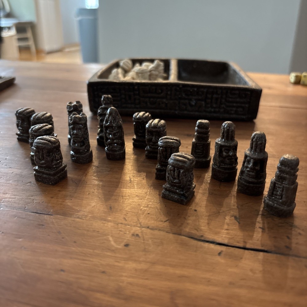Vintage Mini Mayan Aztec Chess Set Complete Brown & Cream