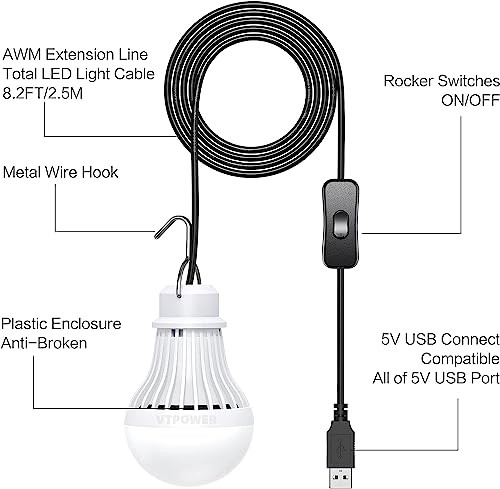 2 Pack USB Light Bulb, USB LED Camping Light Lantern, 8.2 ft Extra 5W 2PCS