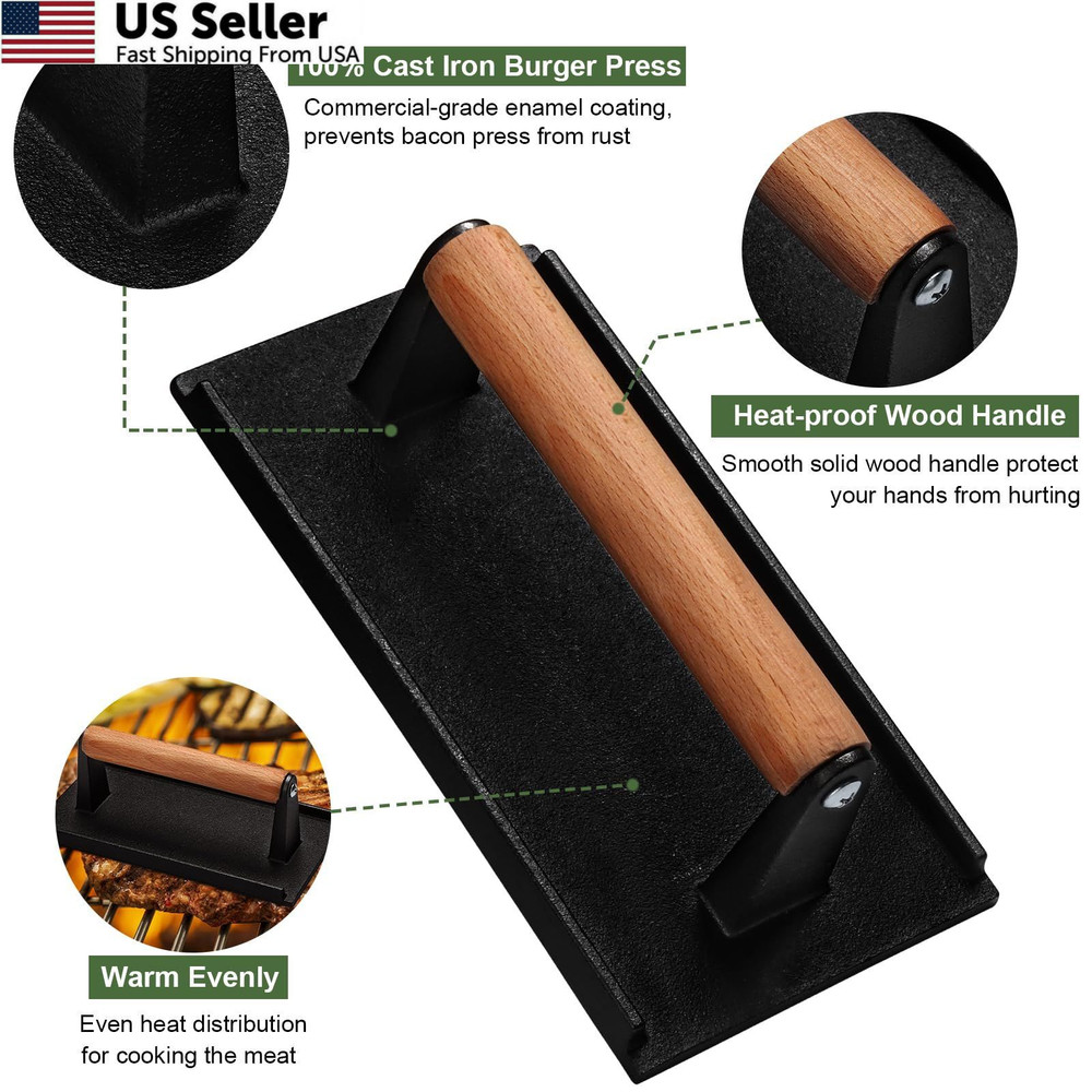 Burger Press, 7" Round & & Rectangle, Cast Iron & Rectangle