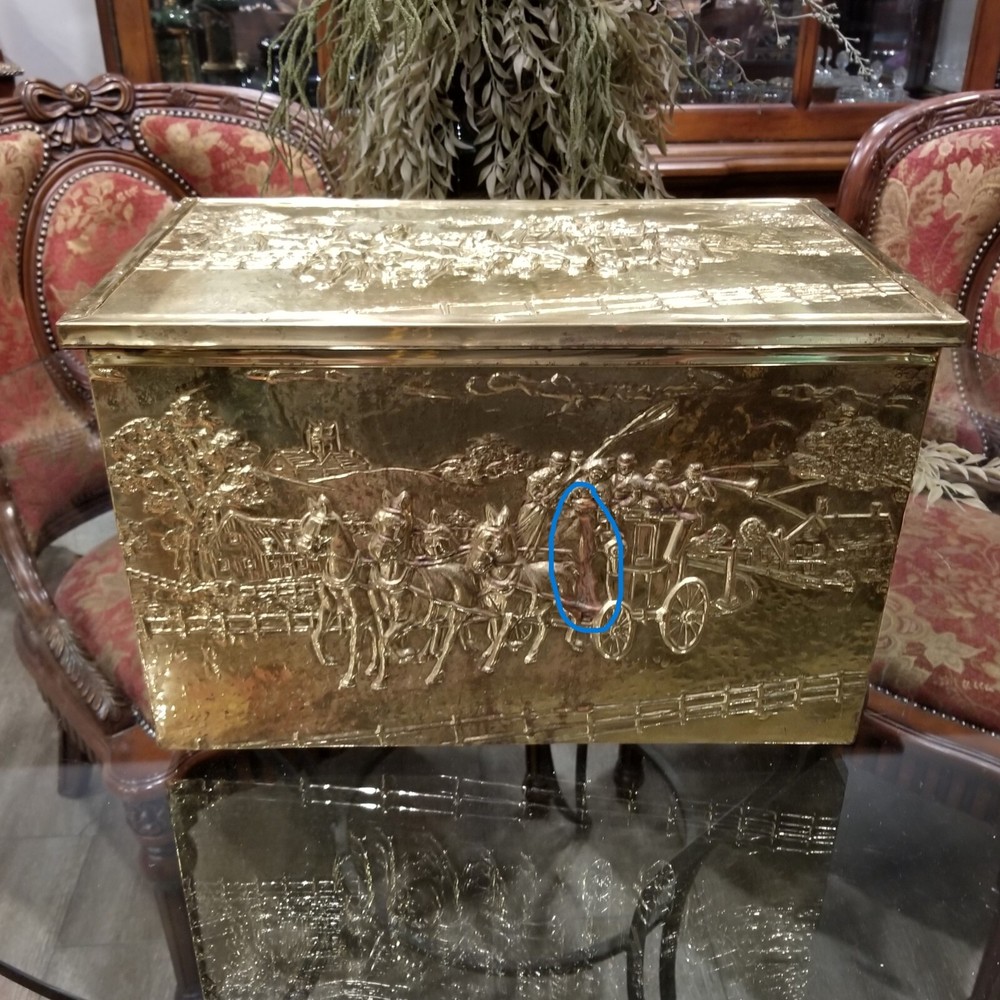 Vintage Repoussé Stage Coach Brass Coal Tinder Kindling Scuttle Box