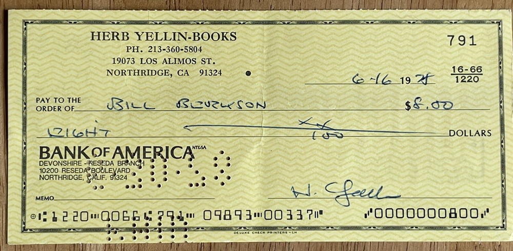 Poet Bill Berkson Autograph Check from Publisher (Document Signed)