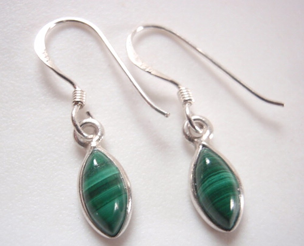 Very Small Malachite Marquise 925 Sterling Silver Dangle Earrings