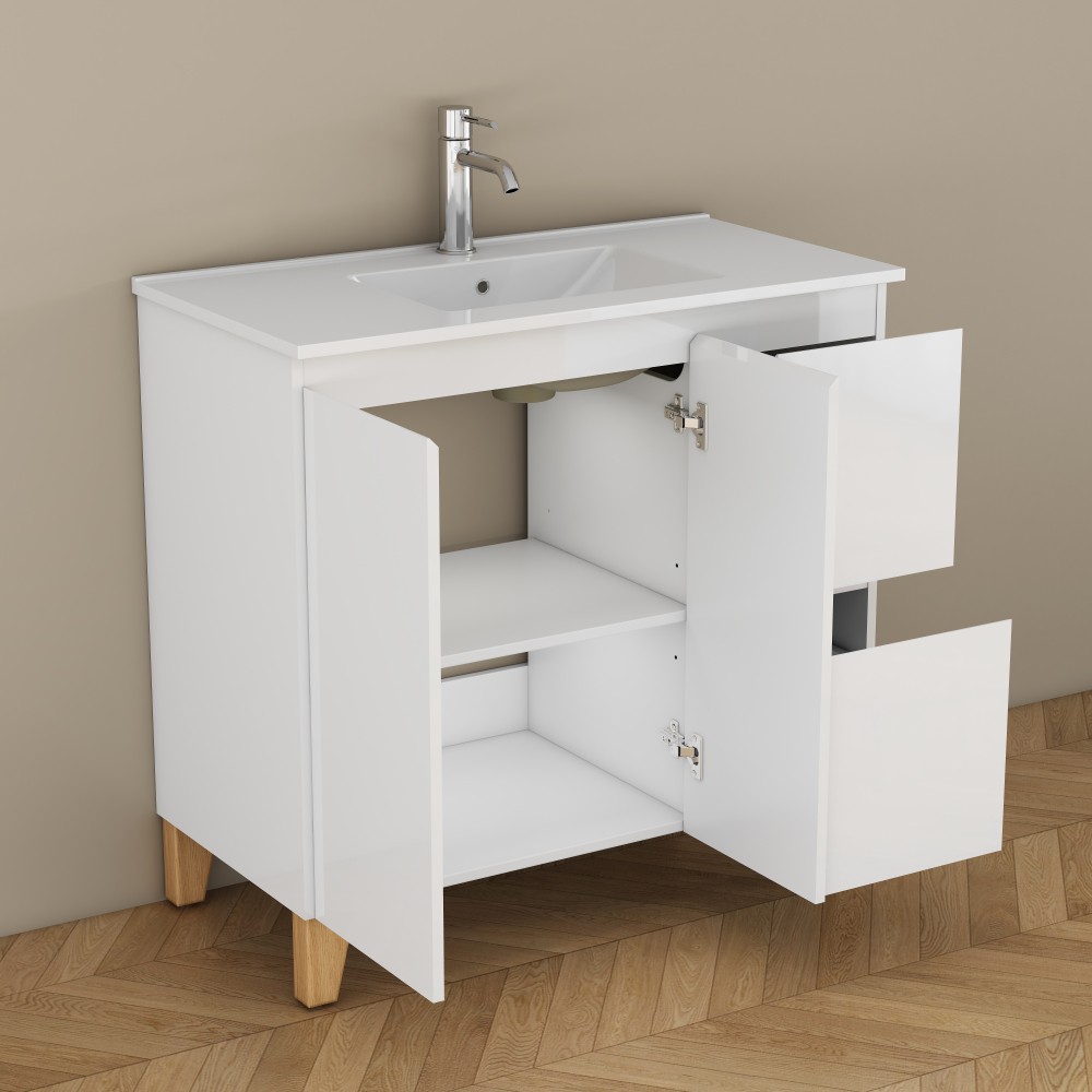Bathroom cabinet with sink, double doors, and two drawers