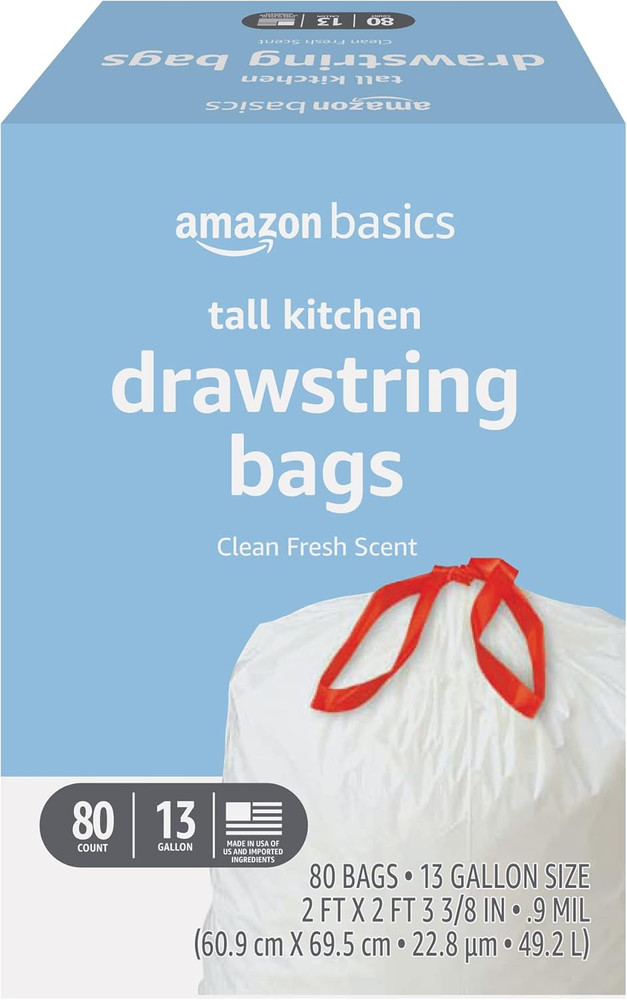Tall Kitchen Drawstring Trash Bags, Clean Fresh Scent, 13 Gallon, Odor Control,