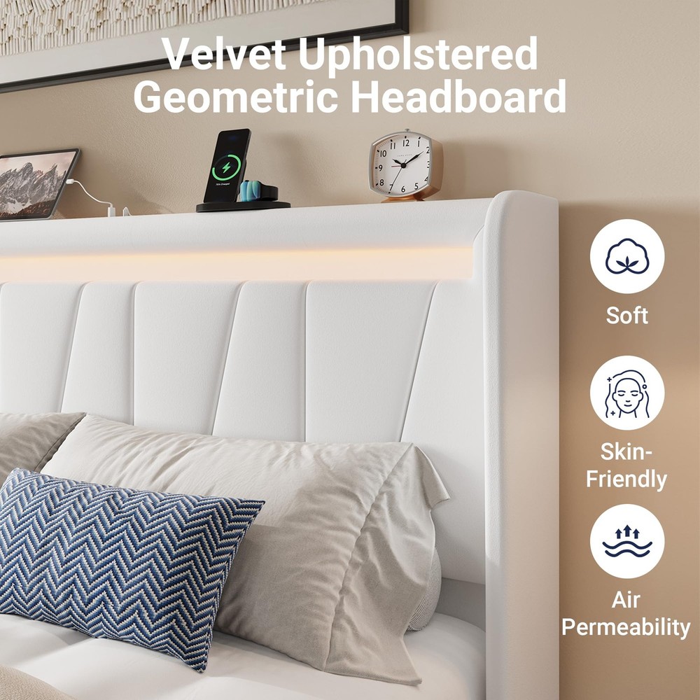 Full Size LED Bed Frame with Charging Station, Velvet Upholstered Platform Be...