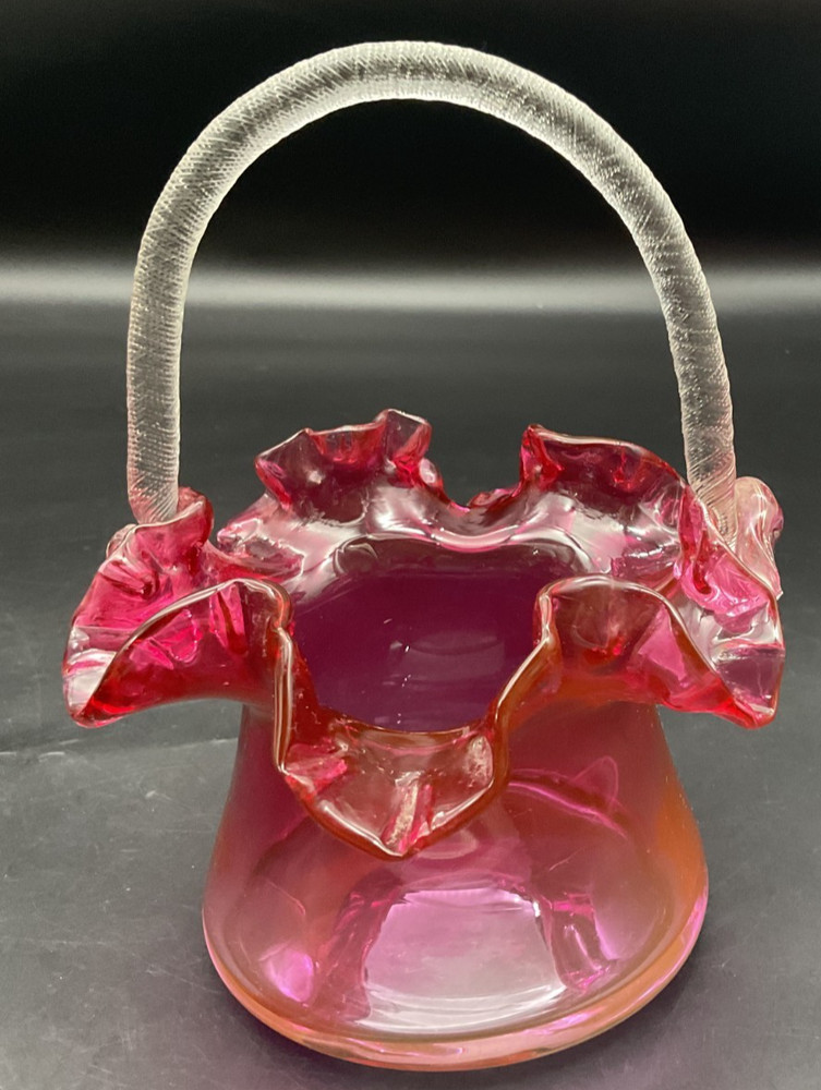 Handblown Ruffled Cranberry Basket with Textured Handle