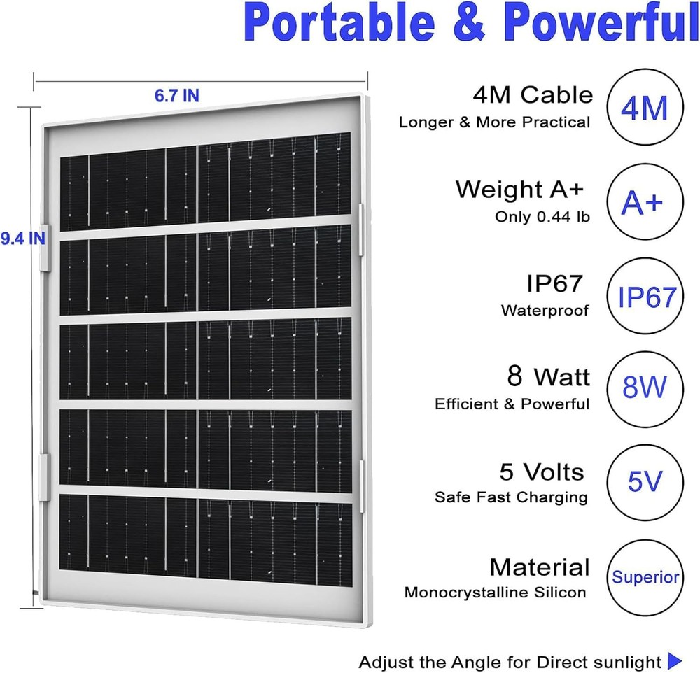8W Solar Panel Charger for Outdoor Security Cameras, with Micro 1 Pack