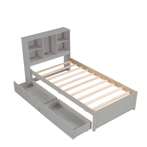 Modern Twin Size Bed Frame With Built-in USB Port On Bookcase Headboard