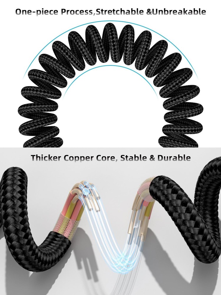 Quickeep Car Carplay Cable 2Pack 3ft Coiled USB A to C 3FT-2pack, Black