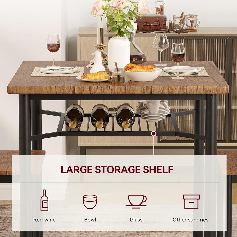 Dining Table Set for 2,3-Piece Kitchen Set w 2 Chairs&Wine Rack for Small Spaces