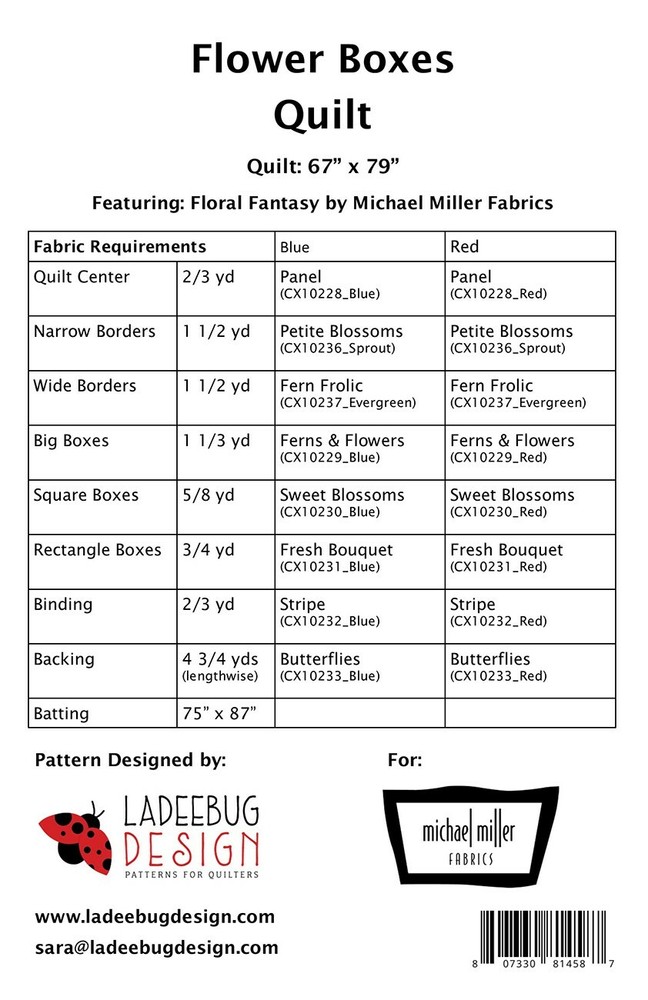 FLOWER BOXES Quilt Pattern by Ladeebug Design ~ Finishes 67" x 79" Uses Panel