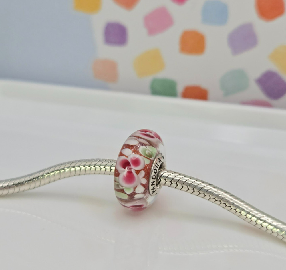 Authentic Pandora Garden Flowers Silver Murano Glass  Charm