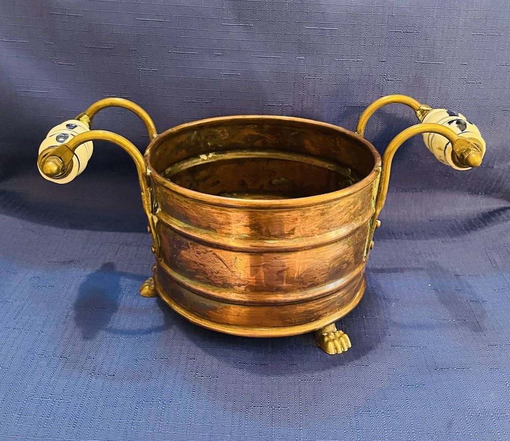 Antique Copper Planter With Ceramic Handles