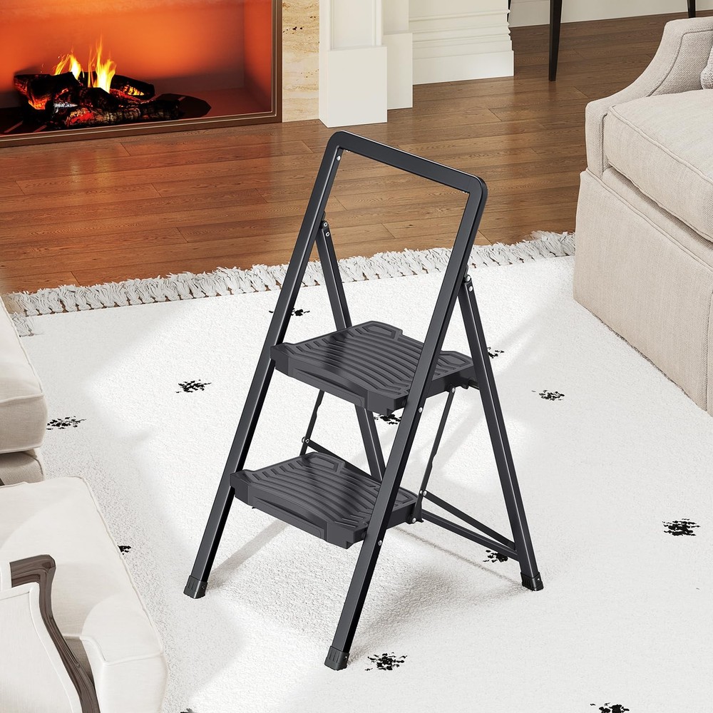 KINGRACK 2 Step Ladder 800lb Capacity, Folding 2 Ladder, Black