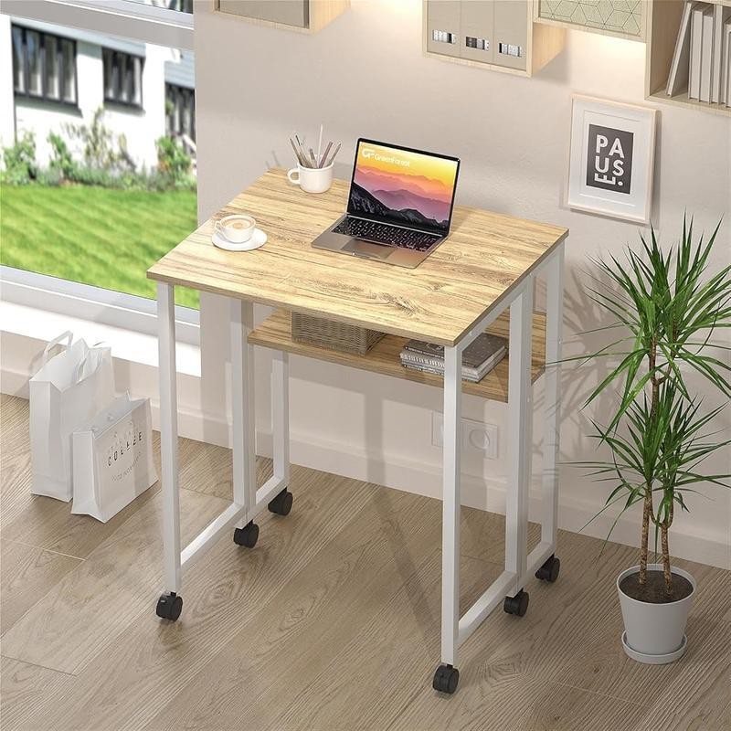 Folding Rolling Desk W/ Storage Shelf Portable Compact Computer Desk Small Space