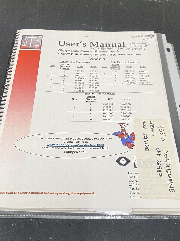 Labconco Xpert bulk powder enclosure & filtered systems - User Guide / Manual