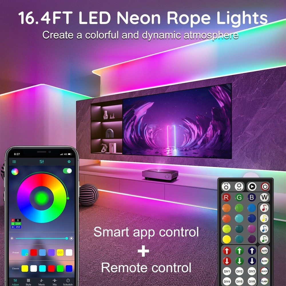 16.4Ft Neon Rope Lights,Flexible Led Rope Lights Control with App/Remote,Mult...