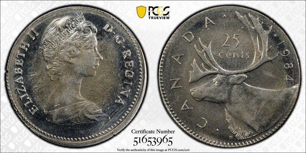 1984 Canada 25 Cent MINT ERROR, Struck on 4g Foreign Planchet - PCGS MS 64