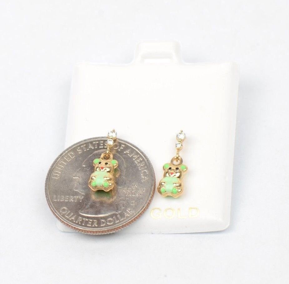 14K Solid Yellow Gold Teddy Bear Dangle Earring with Enamel