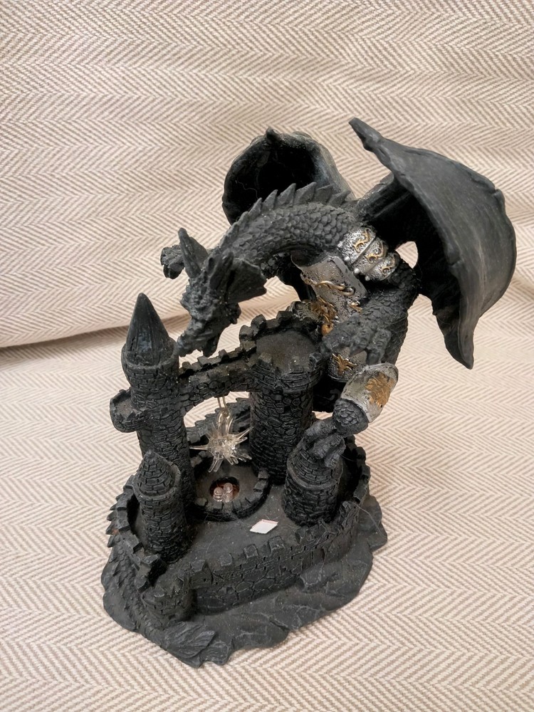 Silver & Black Dragon Watching Over Glitter Globe encased Castle