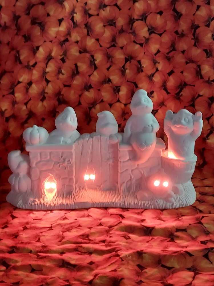 Ceramic Bisque~ Ready to Paint ~Ghost Fence Scene Rice Light Included