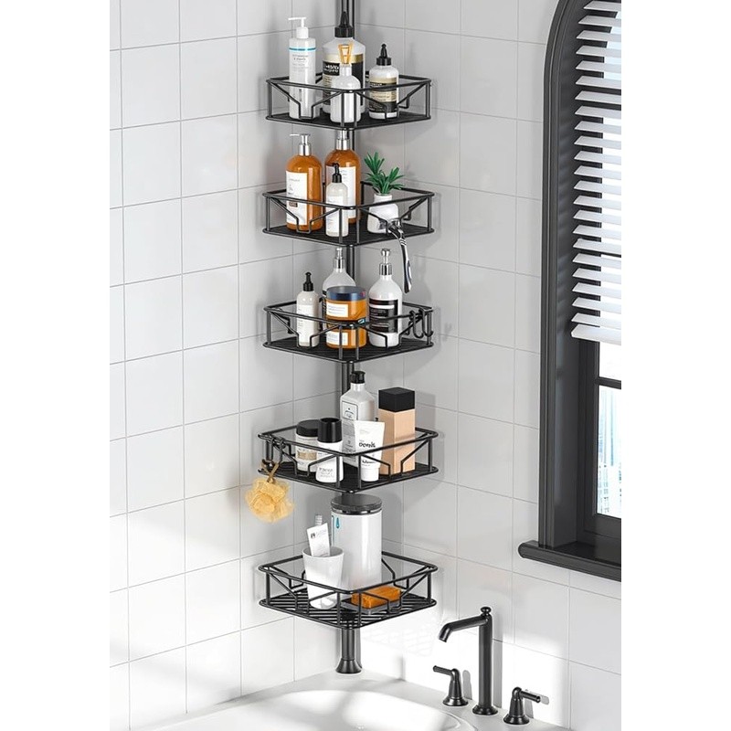 Height Adjustable Corner Tension Pole Shower Caddy 5 Baskets Rust Proof 2 Hooks
