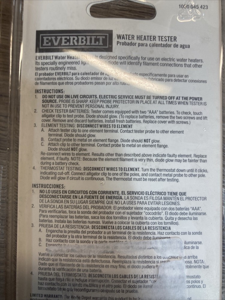 Everbilt Water Heater Continuity Tester See Notes