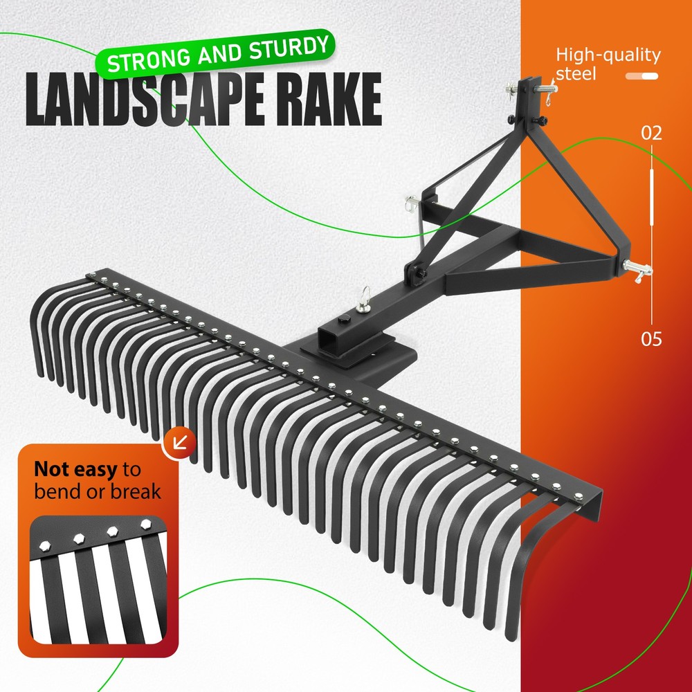3 Point 60" Landscape Rake For Cat 1 Tractor Hookup Compact Tractors Loader