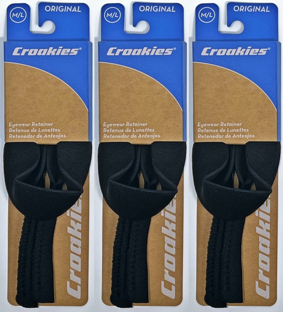Croakies Original Solid Eyewear Retainer, M/L 11-17mm - Black (3-Pack)