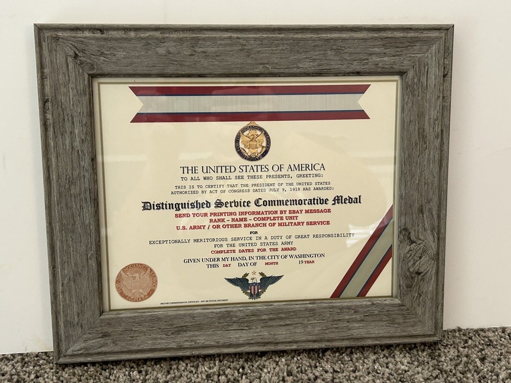 ARMY DISTINGUISHED SERVICE COMMEMORATIVE MEDAL CERTIFICATE ~ CUSTOM PRINTING T-1
