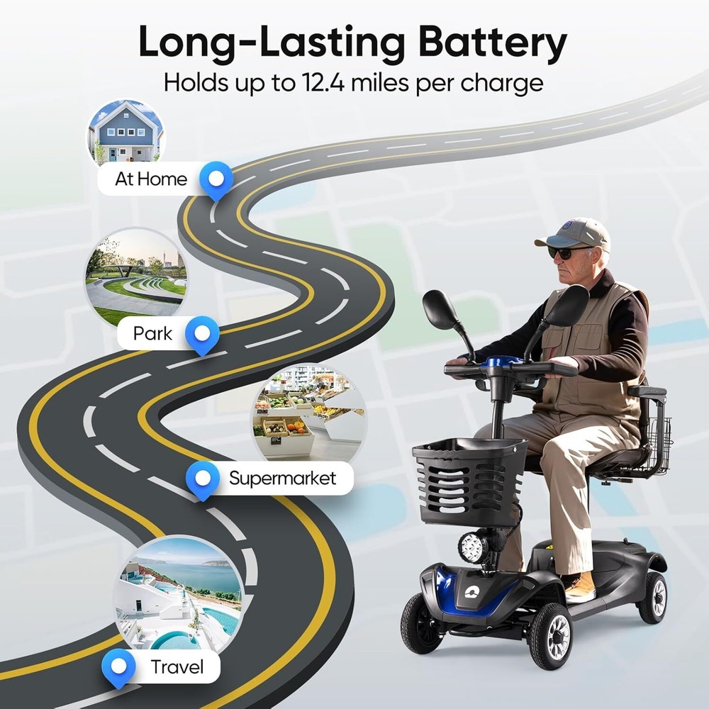 4 Wheels Mobility Scooter Long Range All Terrain LED Headlights With Two Baskets