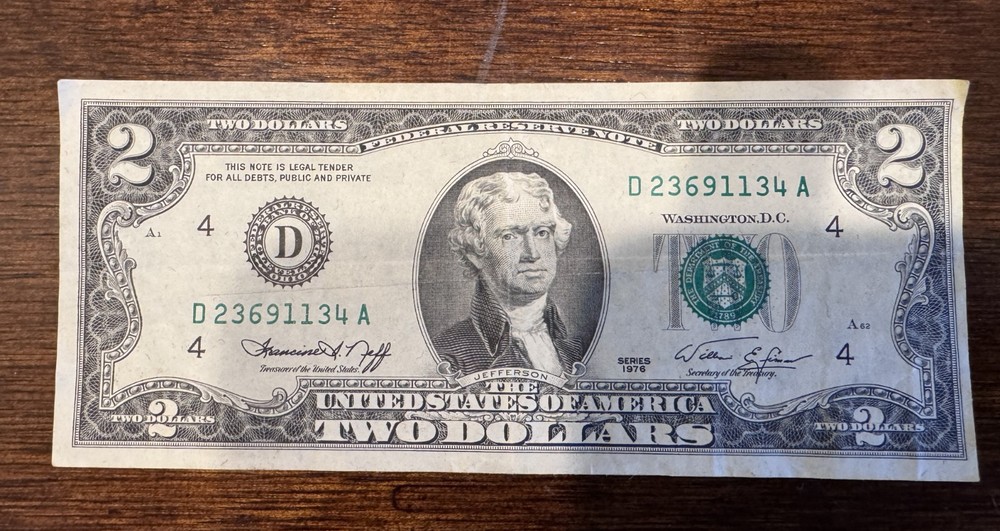 1976 Jefferson $2 Dollar Bill - miscut/misalligned Error - **Rare**