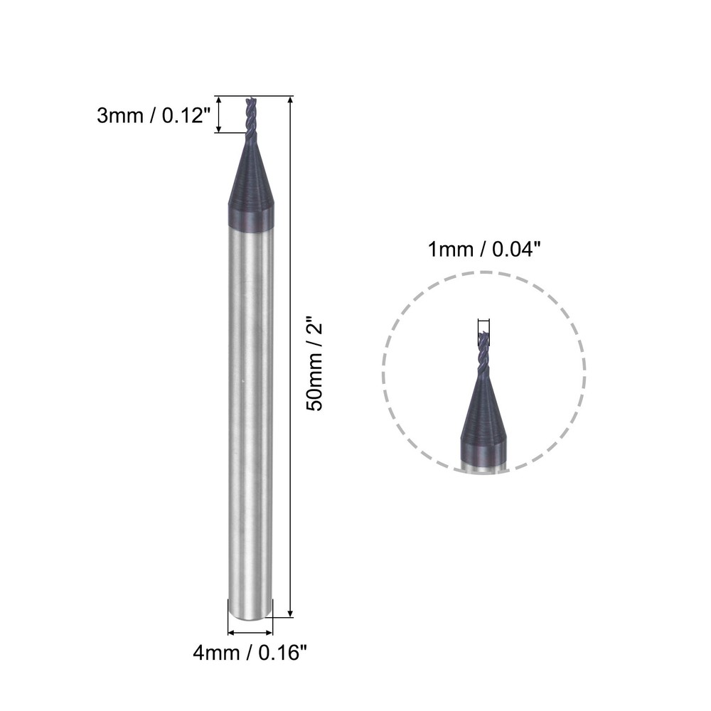 2Pcs 1mm Tip Solid Carbide AlTiN Coated Nose End Mill for Machine HRC45 4 Flute