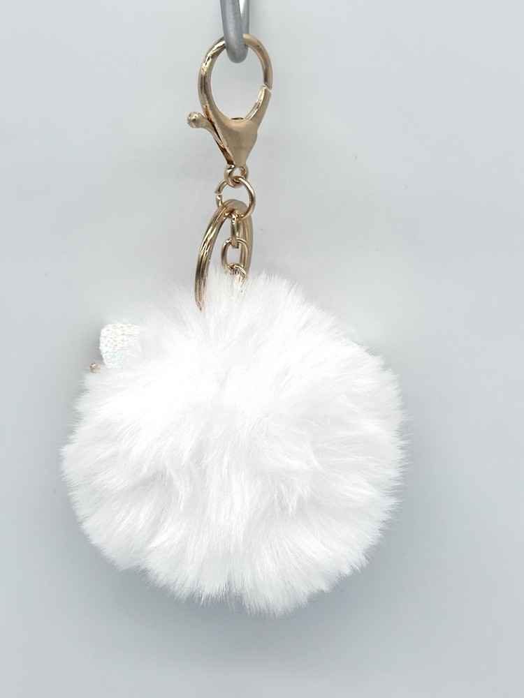 Furry Owl Pom Pom Bag Charm- Keychain White