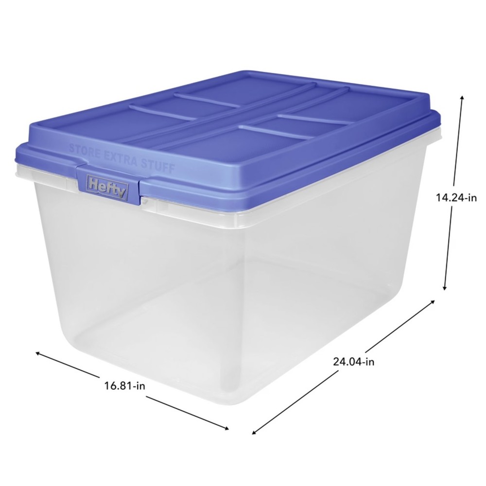 Hefty 72 Qt Clear Plastic Storage Bin Blue HI-RISE Lid 6-Pack