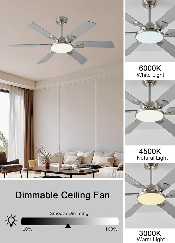 52" Modern Ceiling Fan with Remote, Dimmable Lights & Reversible Motor