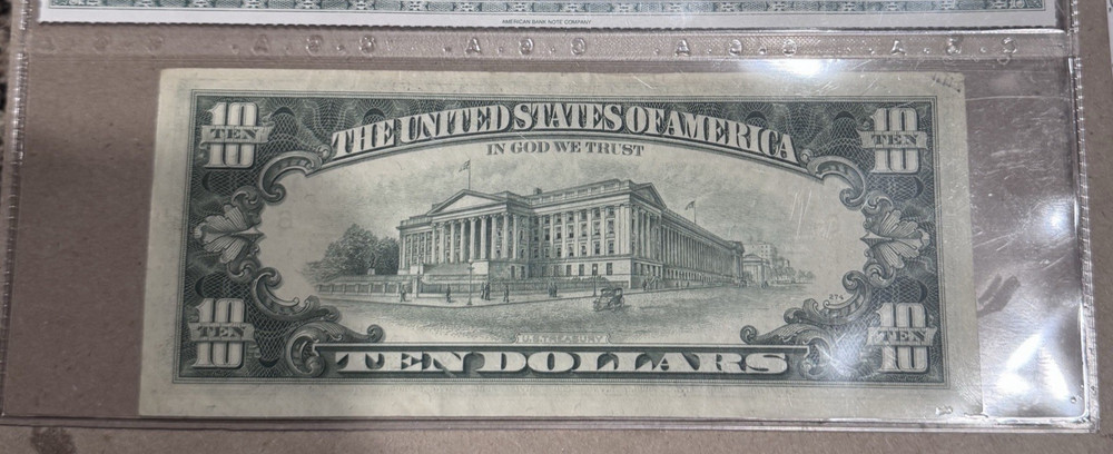 1977 $10 Federal Reserve Note Partial Offset Reverse on Obverse
