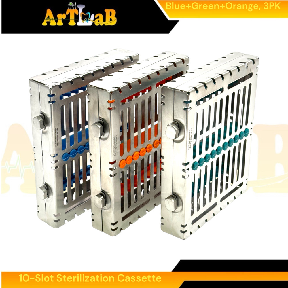 3pk Sterilization Cassettes with 10 Slots, Double-Button, Detachable, German