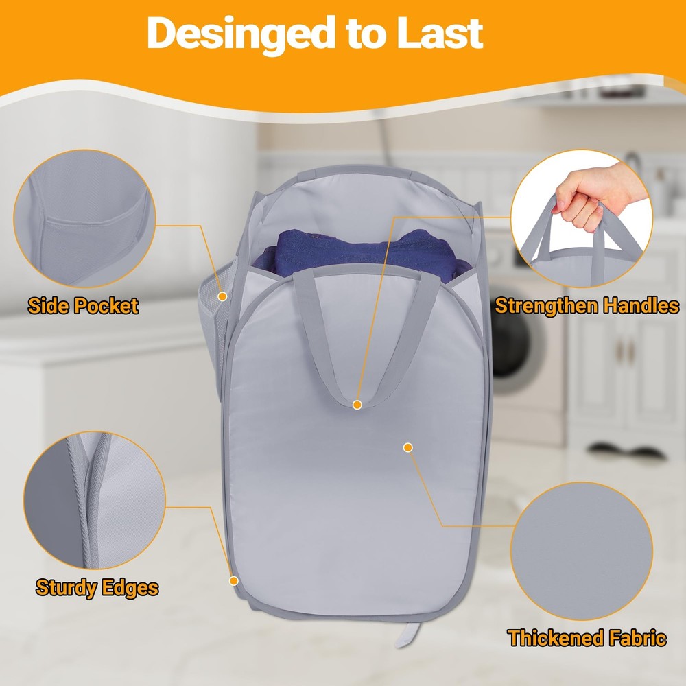 Sturdy Collapsible Laundry Baskets with Side Pocket, Pop Up Laundry Hamper Li...