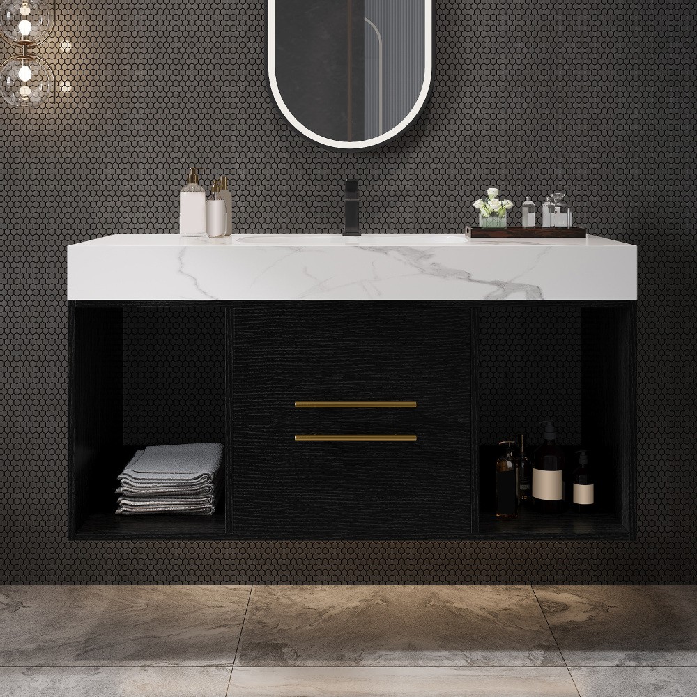 39.4" Floating Bathroom Vanity w/ Ceramic Sink, 2 Drawers & Storage, Modern