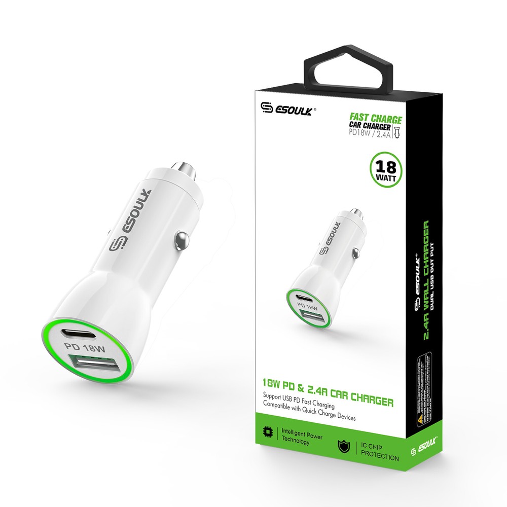 18W PD & USB-A Car Adapater In White