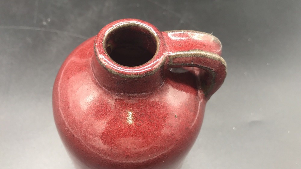 Vintage Maroon Glazed Clay Jug Finger Handle 5”
