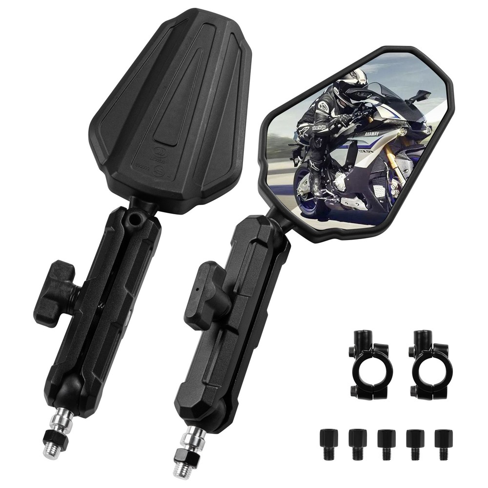 Universal 10mm 8mm Adventure Motorcycle Mirrors 360Degrees Adjustable Side Black
