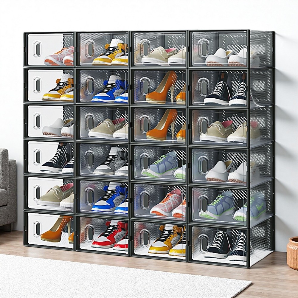 24-Pack Shoe Storage Boxes - Stackable, Door, Plastic Mesh, Black & Small Size