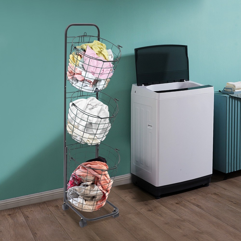 3 Tier Rolling Laundry Hamper with 3 Removable Wire Basket & 4 Universal Wheels