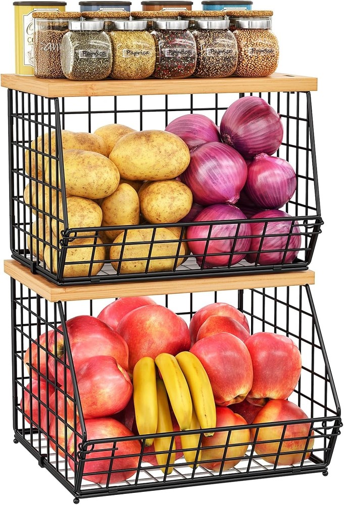 2PCS Stackable Wire Basket Organizer with Wood Top Kitchen Storage Fruit Bread