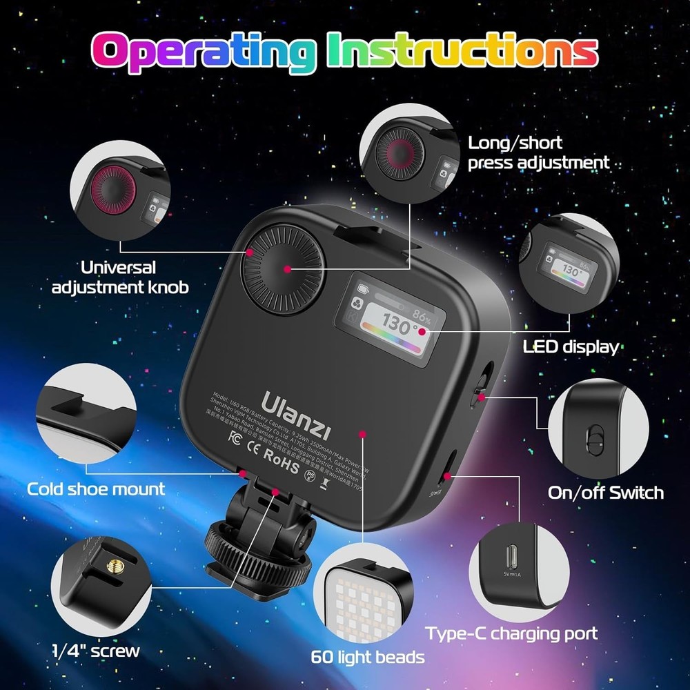 Compact 360° RGB Camera Light with Magnetic Back & Quick Release for Easy Setup
