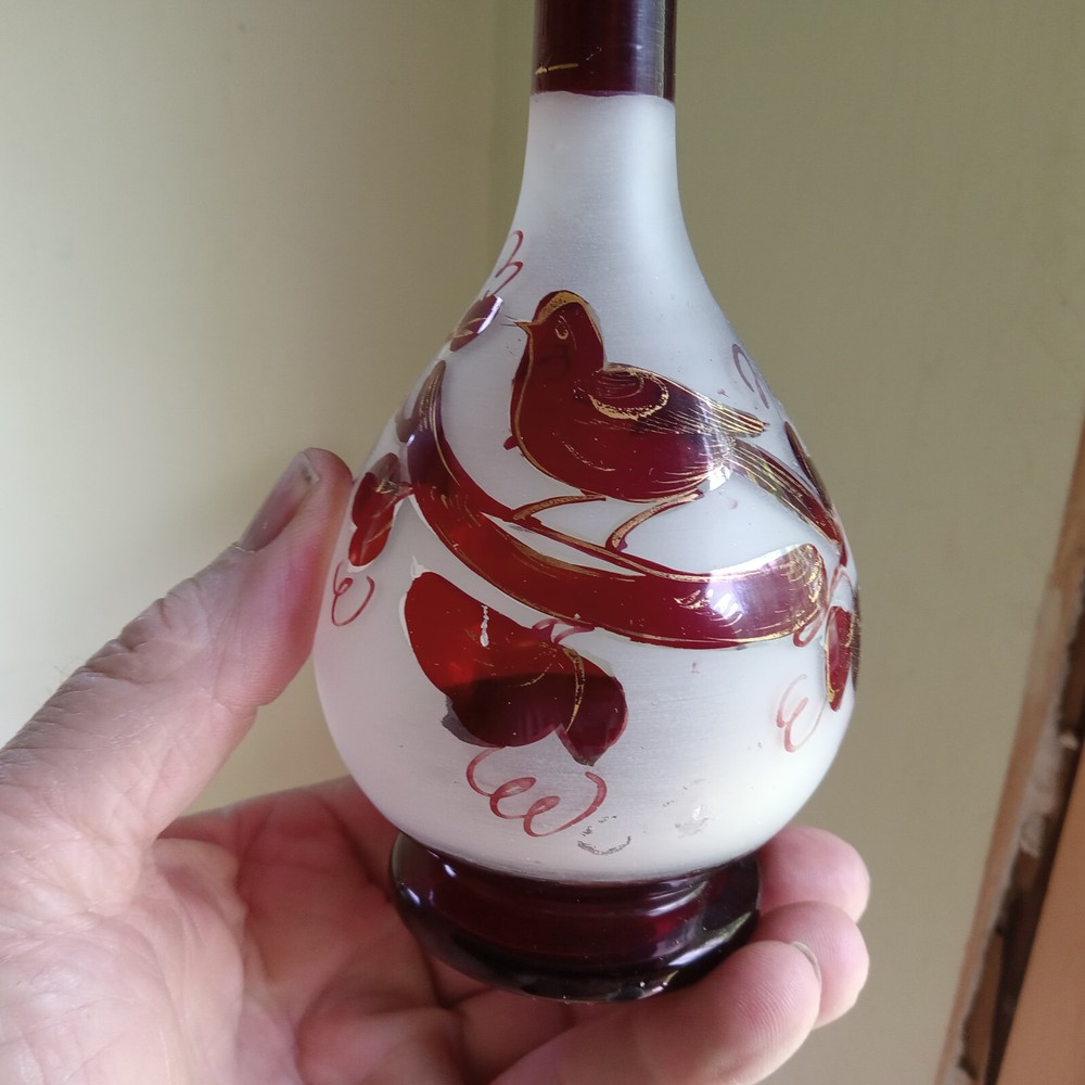 1870s RUBY STAINED BIRD ON BRANCH PONTILED COLOGNE BOTTLE W/ORIGINAL STOPPER