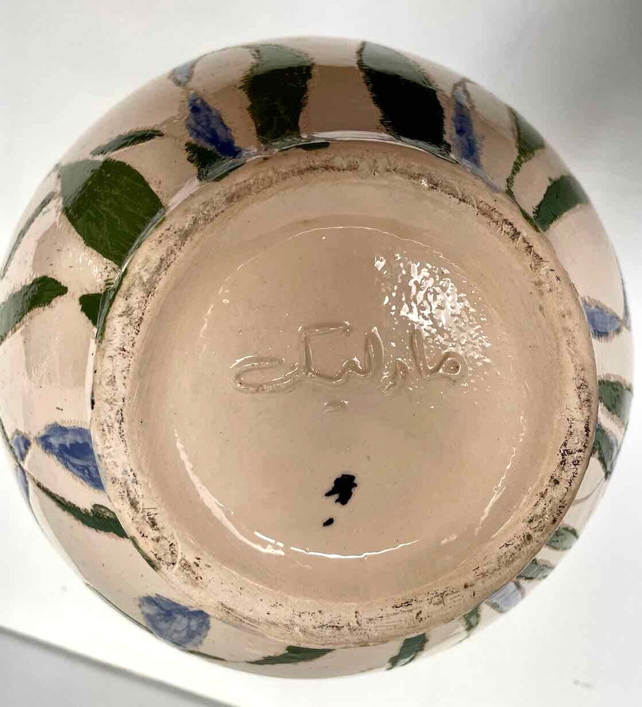 Handmade Pottery Jug Ewer w Handle Applied Multicolor Fish Bubbles Green Signed